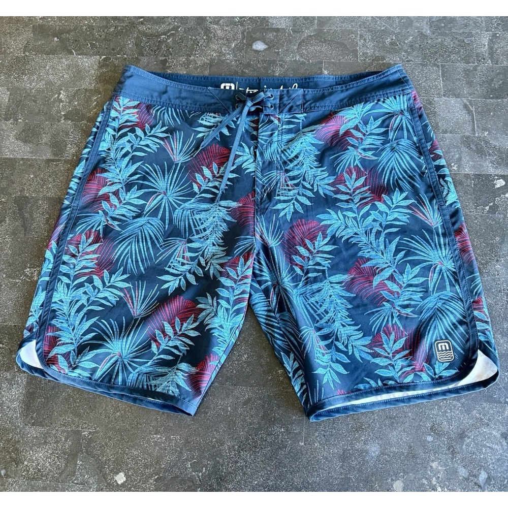 Travis Mathew‎ Mens Board Shorts 38 Blue Tropical Palm Leaf Swim Trunks Beach
